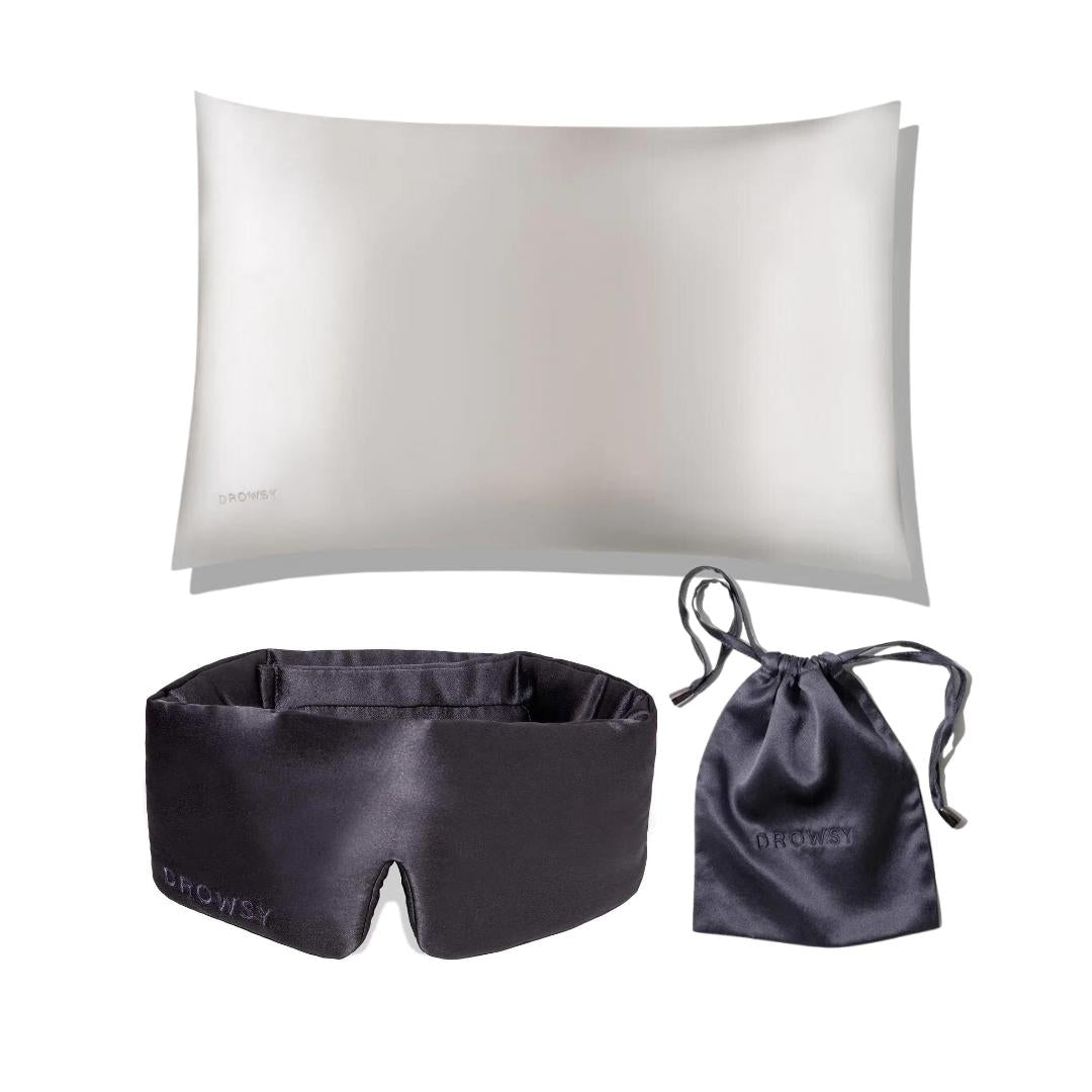 Drowsy Sleep Collection - Pillow Case Akoya Pearl, Moonlight Shadow Sleep Mask and bag